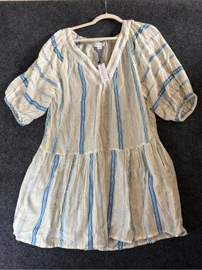 Velvet by Graham & Spencer Selita Dress Size Large Color Cream/Blue NWT